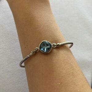 925 Sterling Silver Twisted Skinny Cuff Bangle Bracelet with Chunky Blue Gem